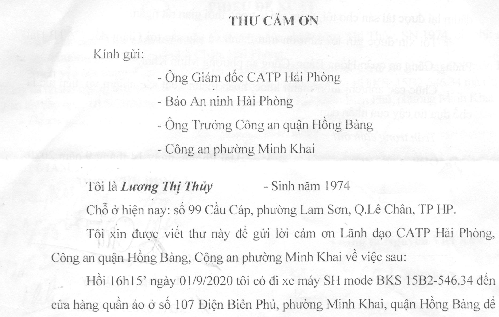 Chị Lương Thị Thủy gửi thư cảm ơn Công an phường Minh Khai, Công an quận Hồng Bàng đã nhanh chóng truy tìm, trả lại chị xe máy bị mất